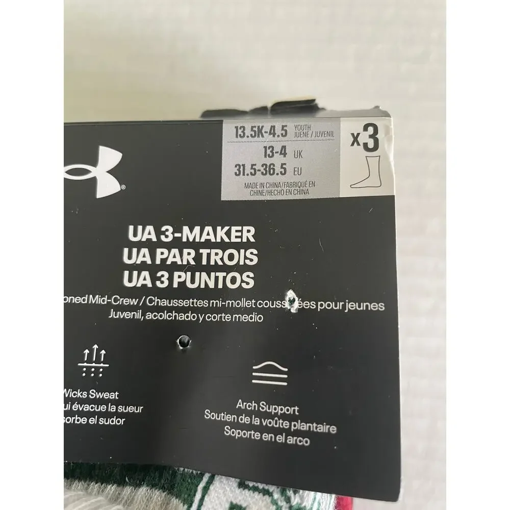 Kids Under Armour permformance tech 3 pack mid crew socks size S NEW